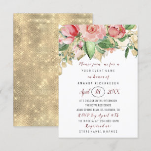 Invitation Fête des mariées Fleur Brunch Vert Or Roses Blanc