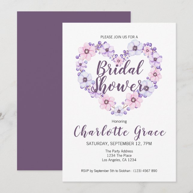 Invitation Fête des mariées Fleur Coeur Violet Blanc (Devant / Derrière)