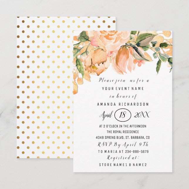 Invitation Fête des mariées Fleur Corail Gold Parties scintil (Devant / Derrière)