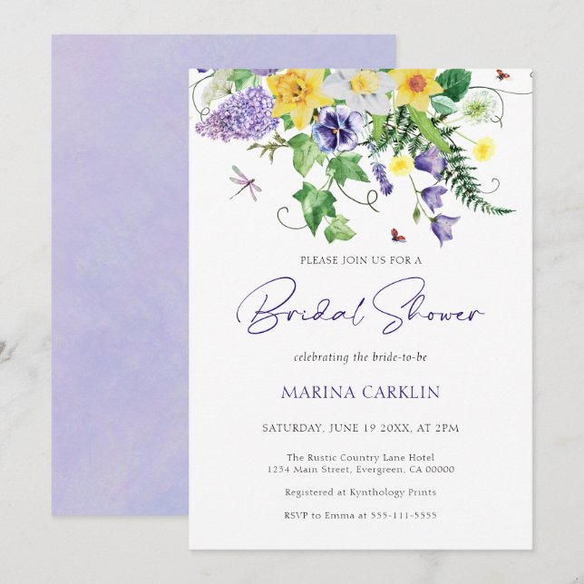 Invitation Fête des mariées Fleur sauvage aquarelle (Devant / Derrière)