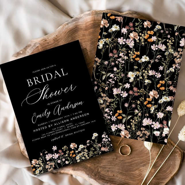 Invitation Fête des mariées Fleur sauvage Boho noir (Créateur téléchargé)