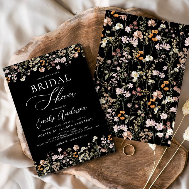 Invitation Fête des mariées Fleur sauvage Boho noir (Créateur téléchargé)
