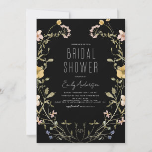 Invitation Fête des mariées Fleur sauvage chic Boho noir élég