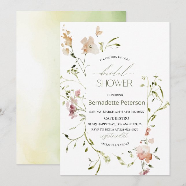 Invitation Fête des mariées Fleur sauvage d'aquarelle légère (Devant / Derrière)
