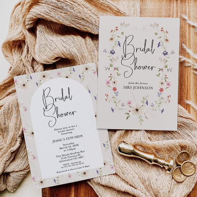 Invitation Fête des mariées Fleur sauvage de couleur beige ru (Beige Wildflower Bridal Shower Invitation, Rustic Modern Wildflowers Wreath, Arch, Wildflowers )