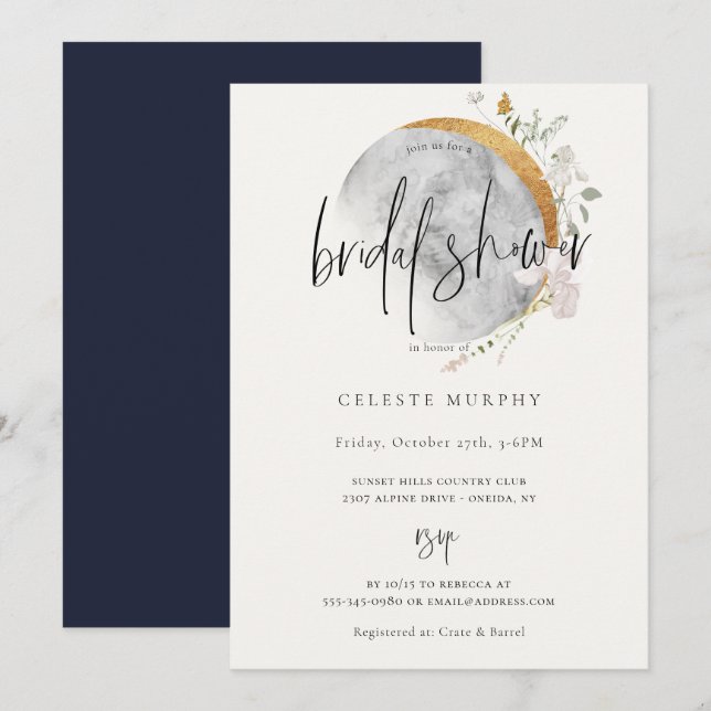 Invitation Fête des mariées Fleur sauvage doré (Devant / Derrière)