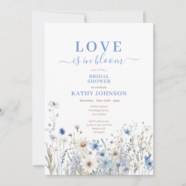Invitation Fête des mariées Fleur sauvage Dusty Blue Pastel (Devant)