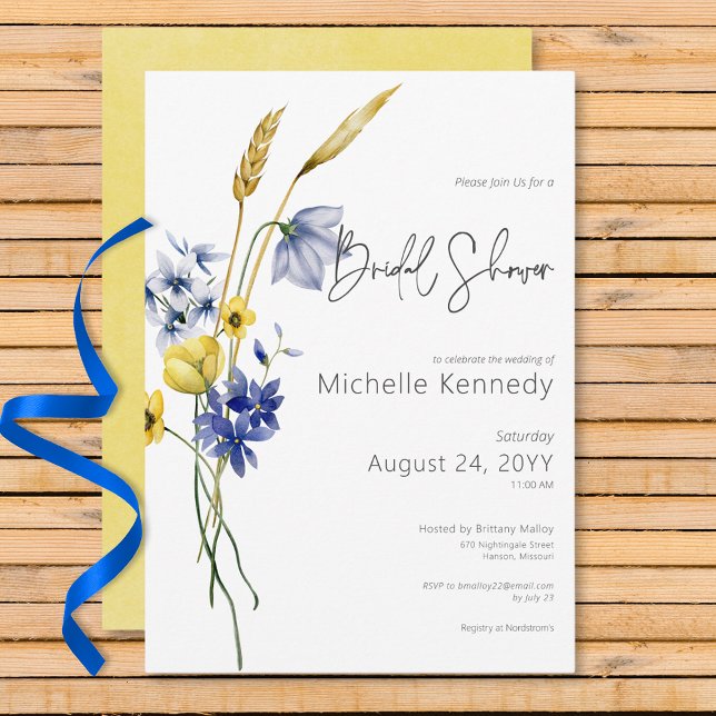Invitation Fête des mariées Fleur sauvage moderne bleu et jau (Modern Blue & Yellow Wildflowers Bridal Shower Invitation)