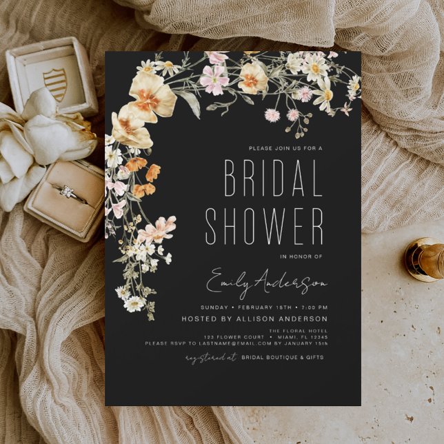 Invitation Fête des mariées Fleur sauvage noir Boho Elegant (Créateur téléchargé)