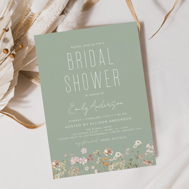 Invitation Fête des mariées Fleur sauvage Sage Green Boho (Créateur téléchargé)