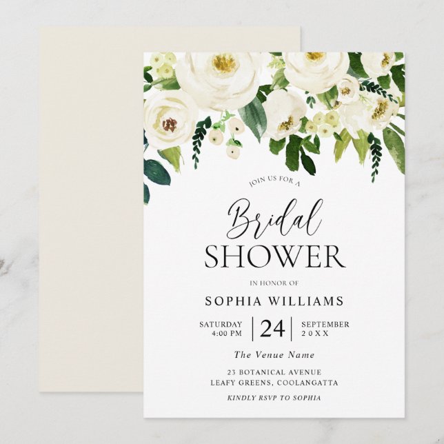 Invitation Fête des mariées Fleurs de Champagne White Bloomin (Devant / Derrière)