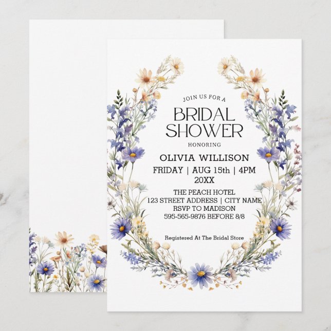 Invitation Fête des mariées Fleurs sauvages bleu clair Aquare (Devant / Derrière)
