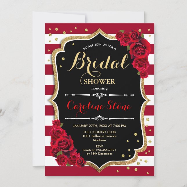 Invitation Fête des mariées Floral Black Gold Red Stripes (Devant)