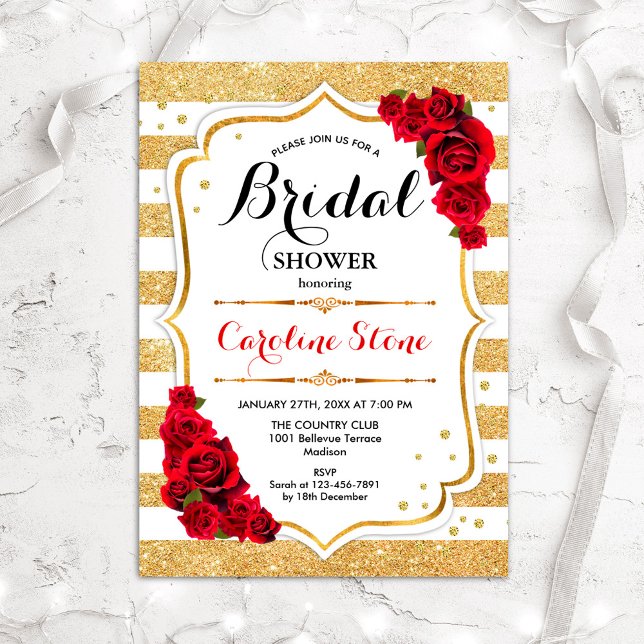 Invitation Fête des mariées Floral Gold White Stripes (Créateur téléchargé)
