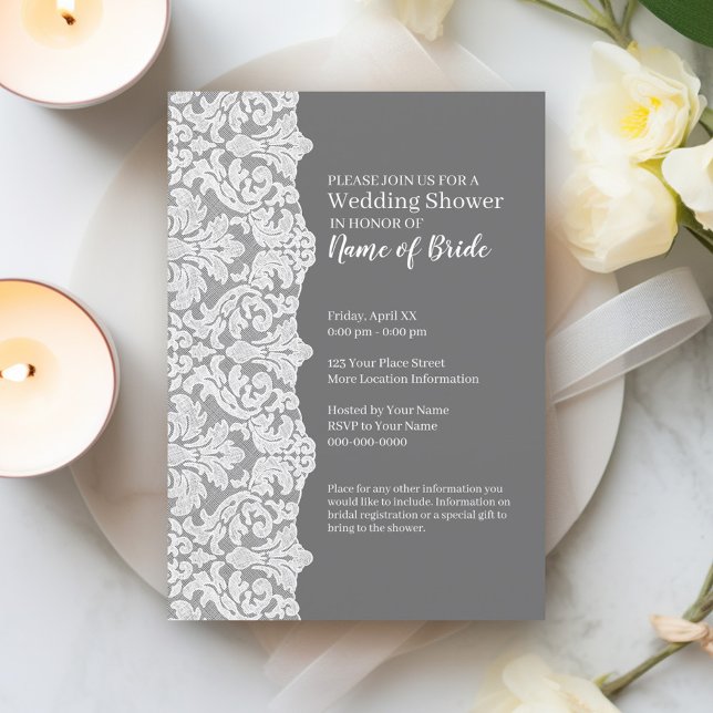 Invitation Fête des mariées : Floral Lace Motif et gris (Bridal Shower Invitation - grey and white lace print)