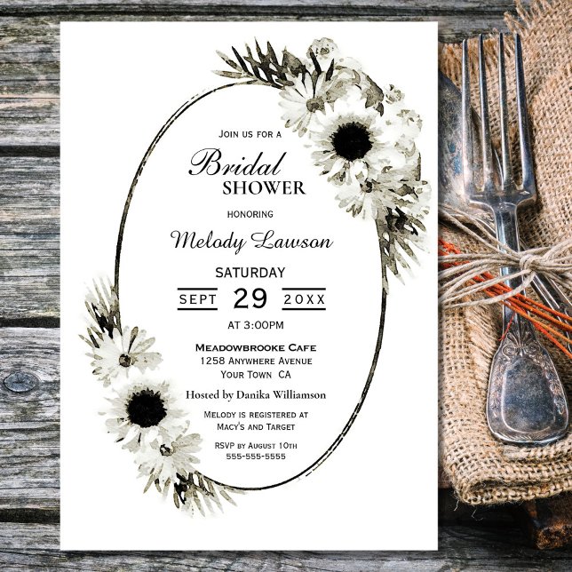 Invitation Fête des mariées Floral noir et blanc (Créateur téléchargé)