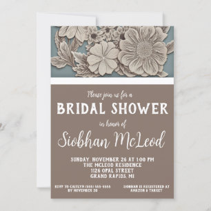 Invitation Fête des mariées florale 3D blanche, bleue, grise