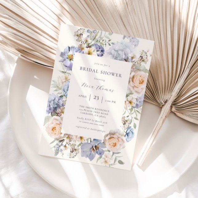 Invitation Fête des mariées florale à crème bleue poussiéreus (Créateur téléchargé)