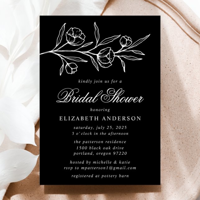 Invitation Fête des mariées florale à croquis noir et blanc (Créateur téléchargé)