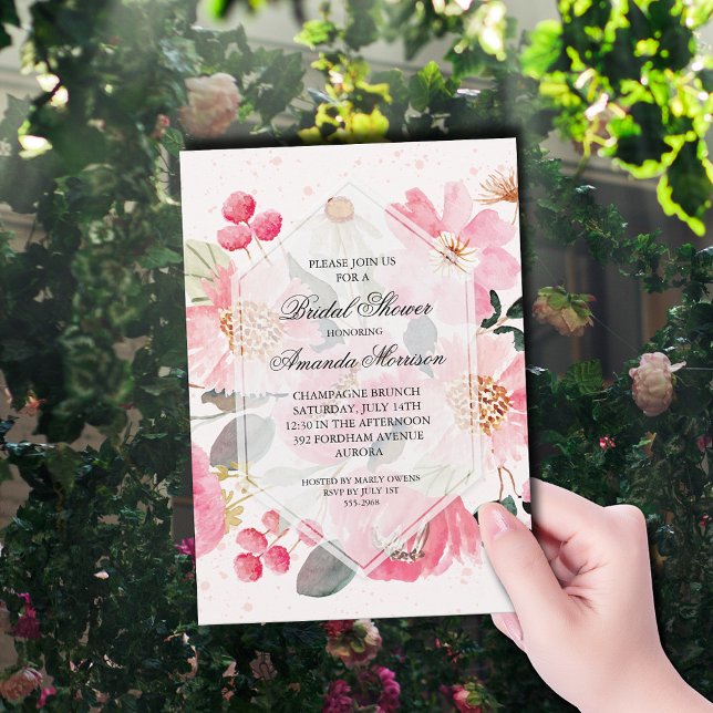 Invitation Fête des mariées florale aquarelle (Watercolor pink garden flowers bridal shower invitations)