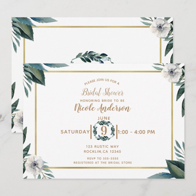 Invitation Fête des mariées florale blanche Feuille d'anémone (Devant / Derrière)