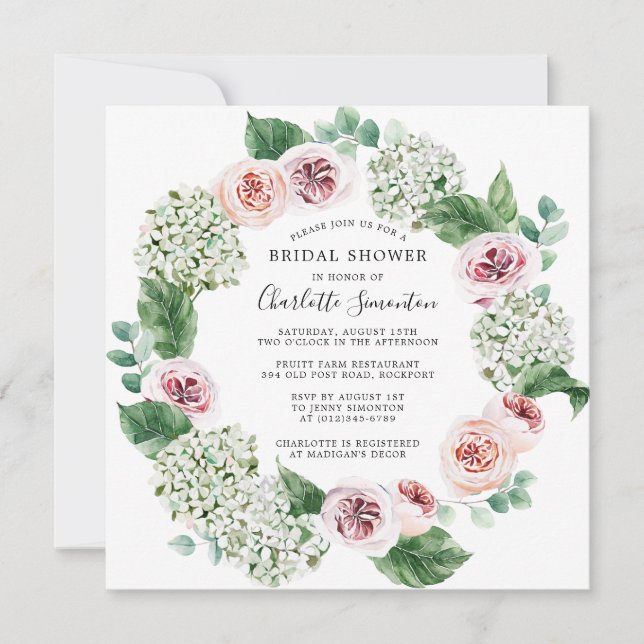 Invitation Fête des mariées florale blanche Hydrangea Rose Ro (Devant)