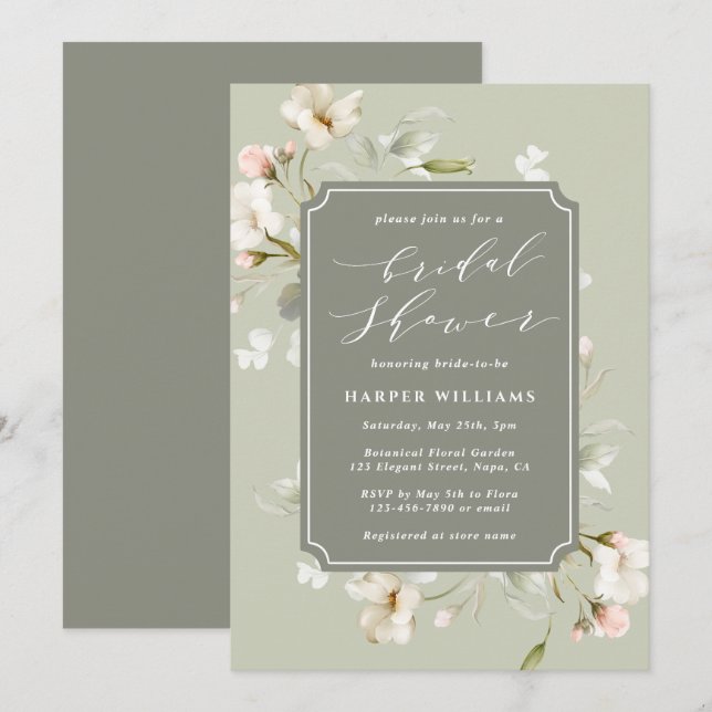 Invitation Fête des mariées florale blanche Sage Green (Devant / Derrière)