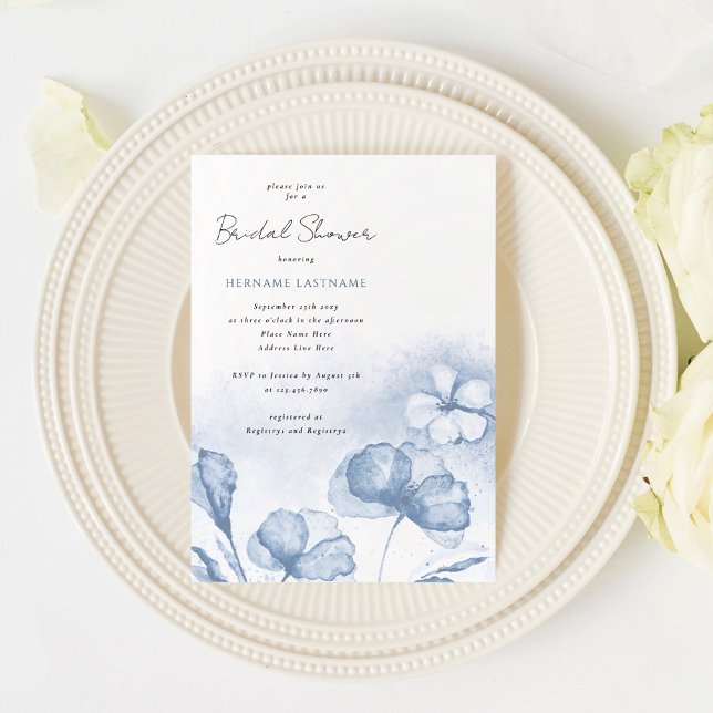 Invitation Fête des mariées florale bleu Aquarelle élégante (Créateur téléchargé)