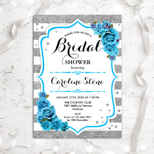 Invitation Fête des mariées florale Bleu Argent rayures