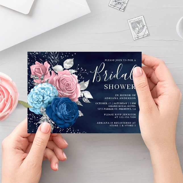 Invitation Fête des mariées florale bleu bleu argenté rose pâ (Créateur téléchargé)