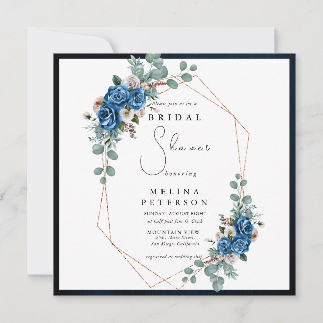 Invitation Fête des mariées florale bleu bleu bleu rose roux (Devant)