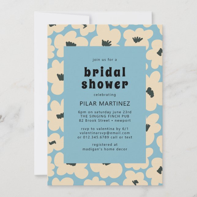 Invitation Fête des mariées Florale Bleu Bleu Boho Retro (Devant)
