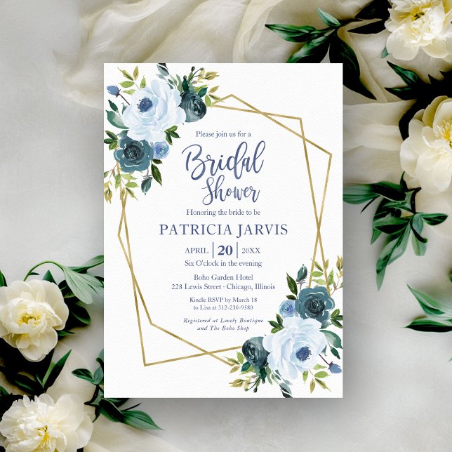 Invitation Fête des mariées florale bleu-doré géométrique (Créateur téléchargé)