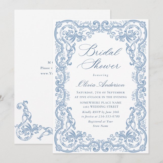 Invitation Fête des mariées Florale Bleu Dusty (Devant / Derrière)