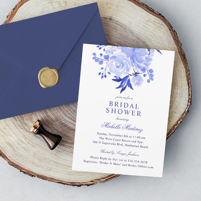 Invitation Fête des mariées florale bleu et blanc (Créateur téléchargé)