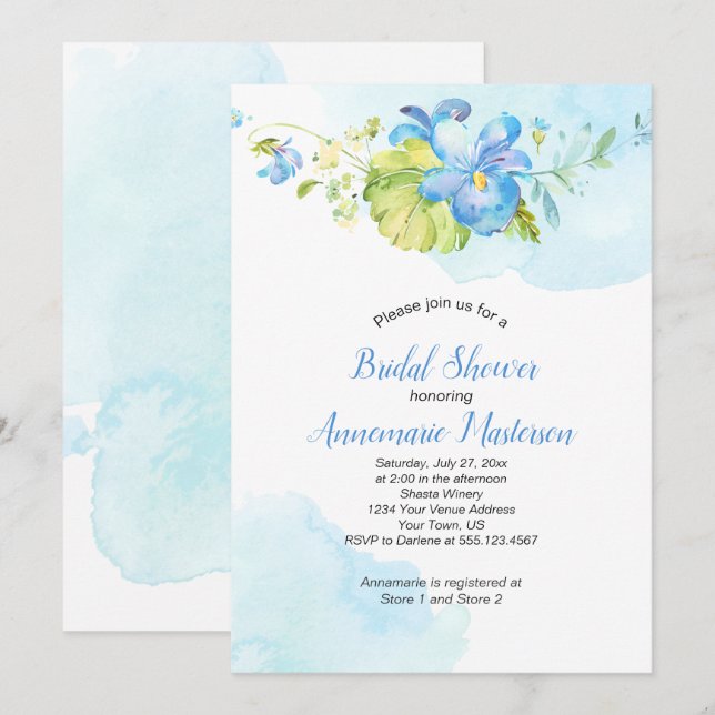 Invitation Fête des mariées florale bleu et blanc (Devant / Derrière)