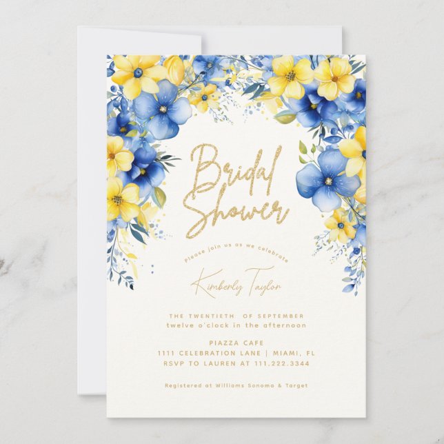 Invitation Fête des mariées Florale Bleu Jaune (Devant)