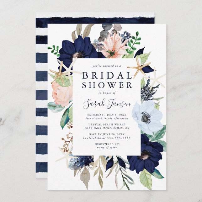 Invitation Fête des mariées florale bleu marine (Devant / Derrière)
