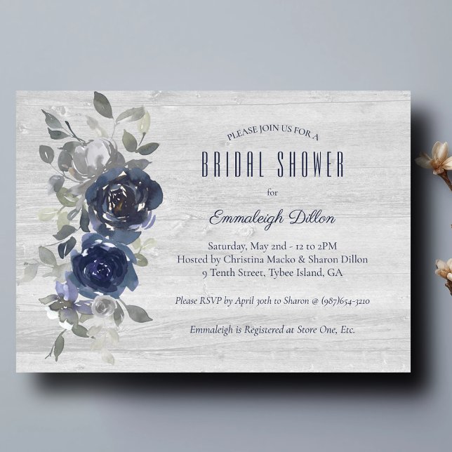 Invitation Fête des mariées florale bleu marine en argent (Créateur téléchargé)