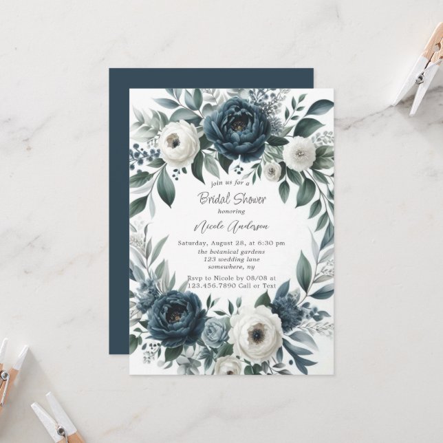 Invitation Fête des mariées florale bleu marine et argent ivo (Devant/Arrière en situation)
