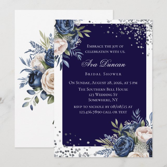Invitation Fête des mariées florale bleu marine et ivoire (Devant / Derrière)