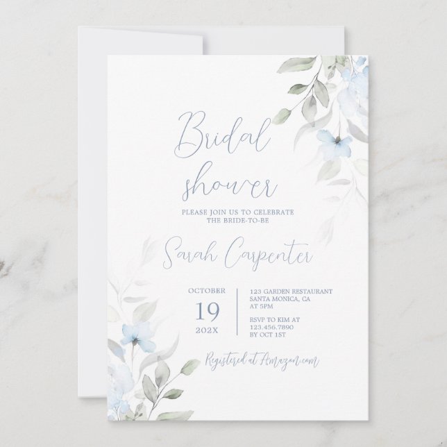 Invitation Fête des mariées florale bleu poussiéreux (Devant)