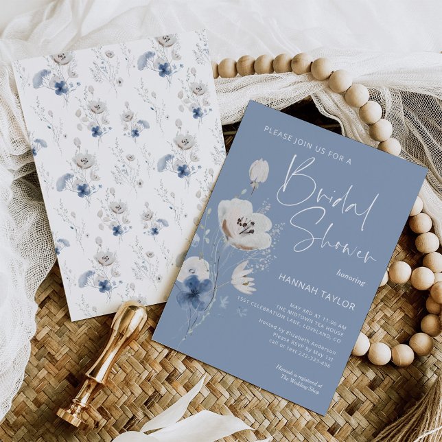 Invitation Fête des mariées florale bleu poussiéreux (Créateur téléchargé)