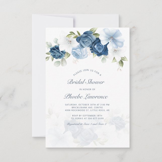 Invitation Fête des mariées florale bleu-poussiéreux moderne (Devant)