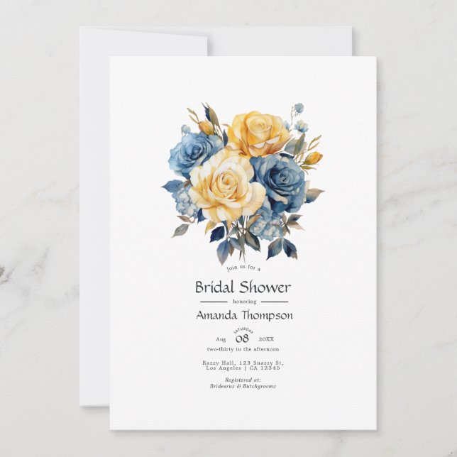 Invitation Fête des mariées Florale bleue et or (Devant)
