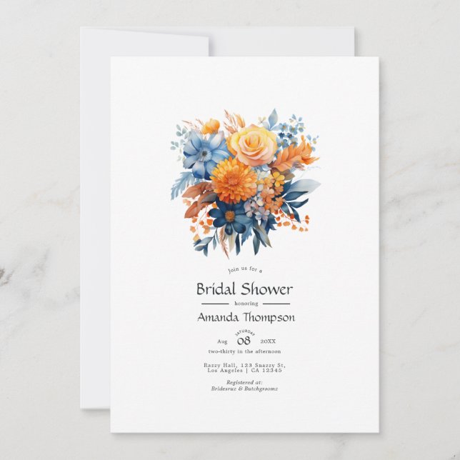 Invitation Fête des mariées florale bleue, orange et jaune (Devant)