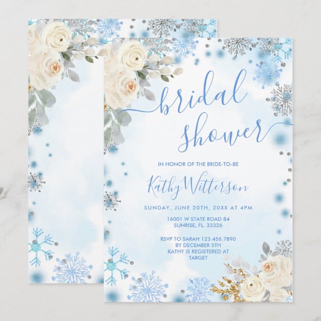 Invitation Fête des mariées florale Blue Winter Snowflake (Devant / Derrière)