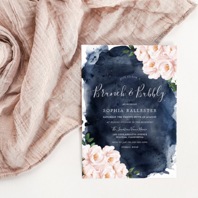 Invitation Fête des mariées florale Blush & Navy Brunch & Bub (Créateur téléchargé)