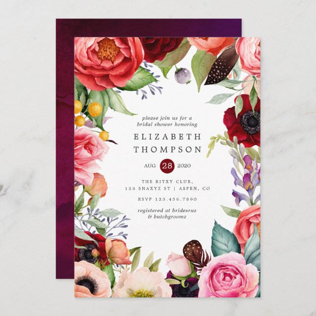 Invitation Fête des mariées florale Boho aquarelle (Devant / Derrière)