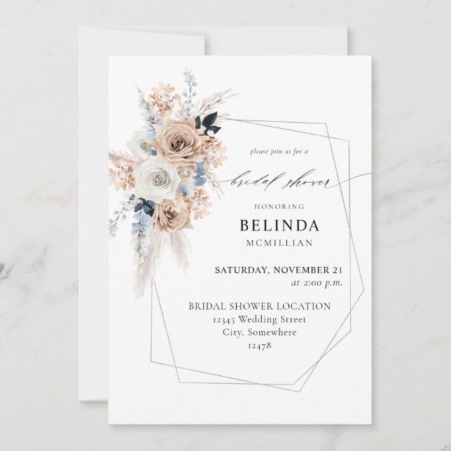 Invitation Fête des mariées Florale Boho Bleu & Beige (Devant)